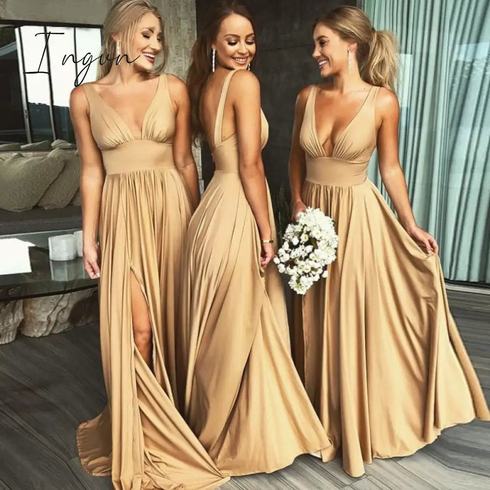 Ingvn - Sexy Bridesmaid Dresses Satin Simple V Neck High Slit Wedding Party Backless Evening Robe For Cccasion Long Prom Gown