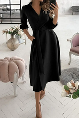 Ingvn - Fashion Elegant Print Solid Patchwork Frenulum V Neck A Line Dresses(10 Colors)