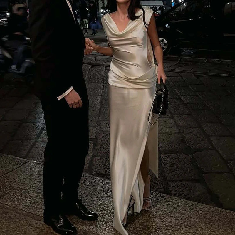 Sexy Spaghetti Strap Backless Evening Dress Women Satin Scarf Collar High Split Dress Lady Elegant Bodycon Party Dress