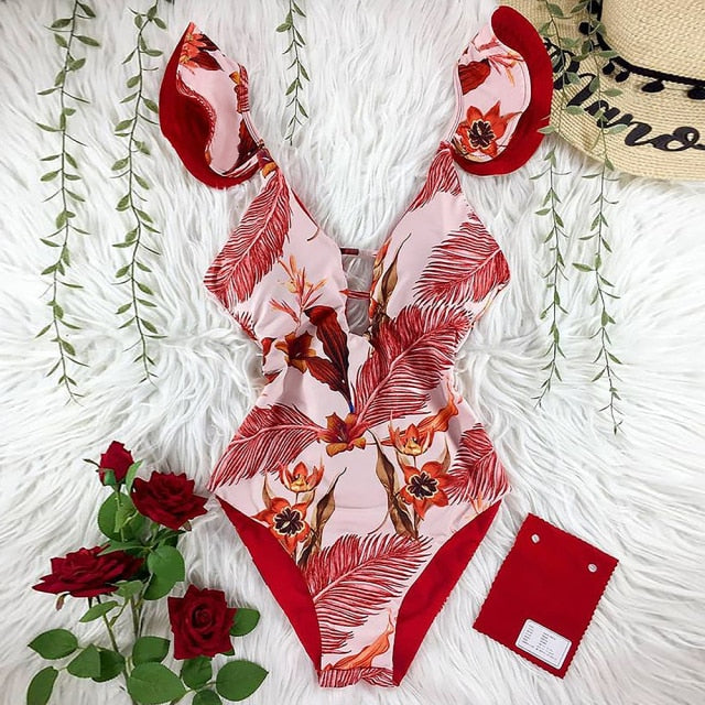 New Sexy Ruffle Print Floral One Piece Swimsuit Off The Shoulder Swimwear Women Solid Deep-V Beachwear Bathing Suit Monkini