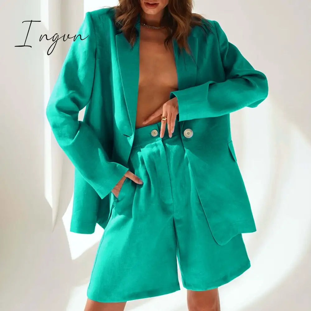 Ingvn - Fashion Trends Office Cotton Linen Outfit Spring Autumn Notched Loose Long Sleeve Blazer Fashion Lady Women Suits High Waist Shorts Sets