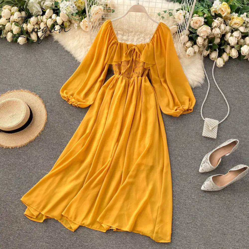 Ingvn - Woherb Chic Elegant Square Collar Maxi Dress Women Solid Chiffon Puff Sleeve Dresses Korean Fashion Vintage Ruffle Vestidos
