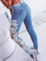 Ingvn - Plus Size 3XL Lace Floral Crochet Hollow-Out Jeans Autumn Women Elegant Sexy Denim Pencil