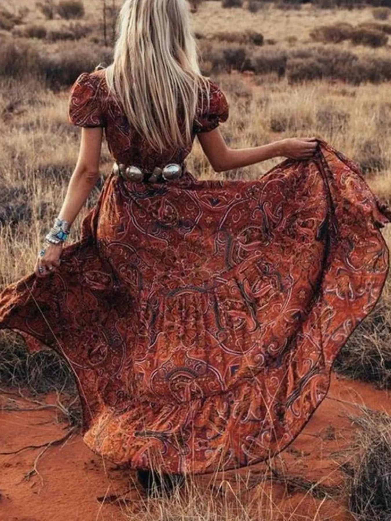 Full Size Printed Puff Sleeve Maxi Dress Plus Size