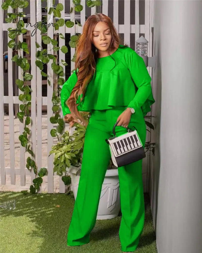 Ingvn - 2023 Elegant Work Wear Two Piece Set Fall Clothes for Women Ruffles Crop Top and Wide Leg Pants Suits Matching Sets Sexy Club Outfits