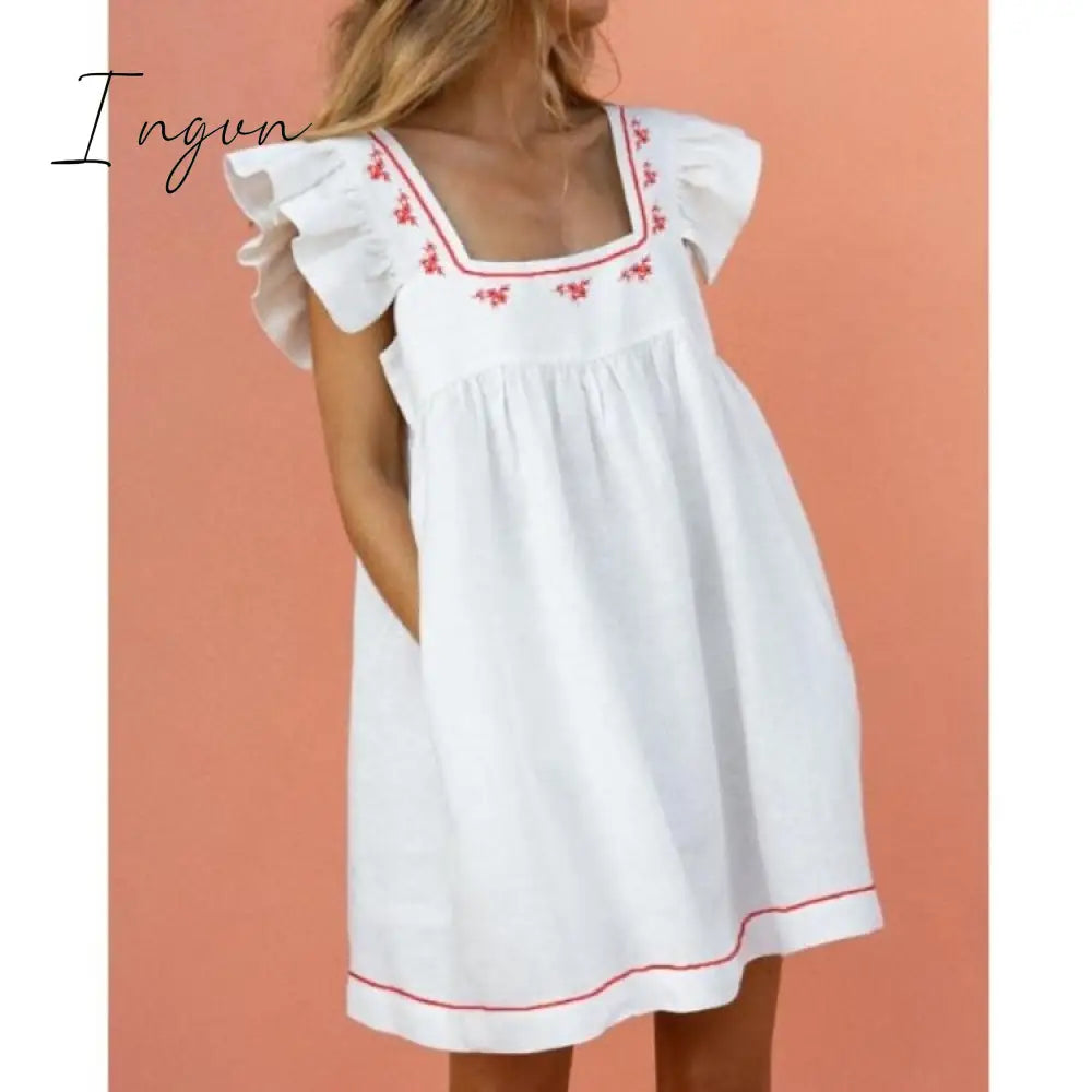 Ingvn - Women Autumn Spring Vintage Mini Cupcake Dress V Neck Long Lantern Sleeve Back With Ruffles Korean Style Elegant Red Dress
