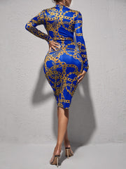 Chic Chain Print Bodycon Dress - Long Sleeve, Flattering Knee Length - Fashionable Casual Wear for Women