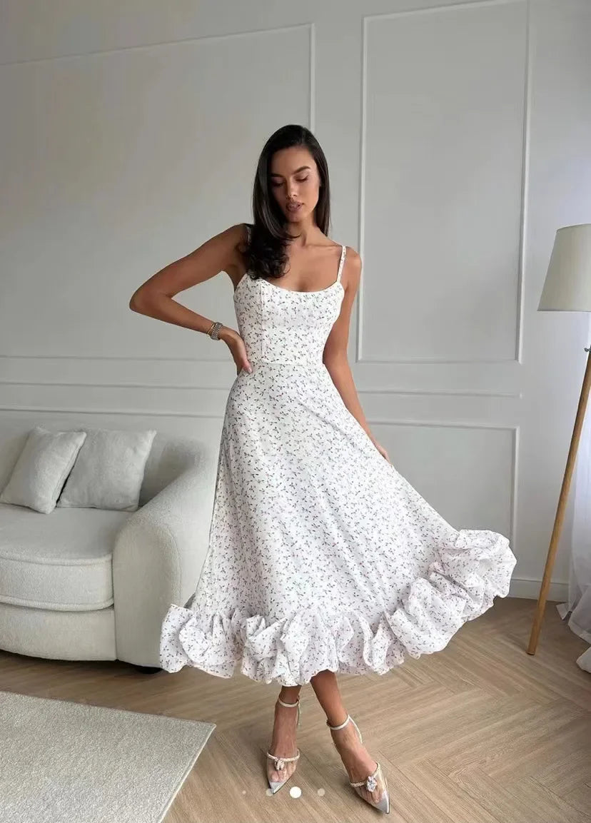 Ingvn  Elegant Party Evening Maxi Dresses for Women Spaghetti Strap Backless Sexy Long Summer Dress Ruffles Aline Dress