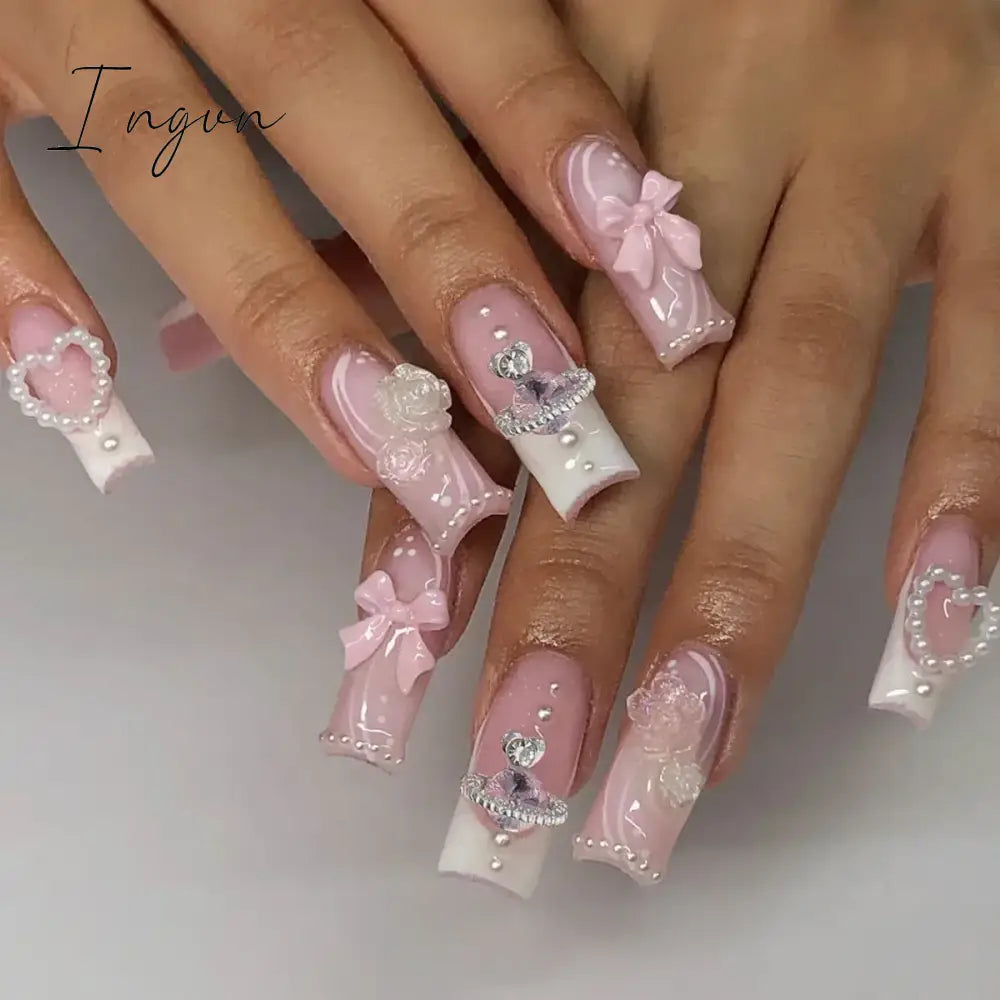 24pcs Artifical Bails With Glue Fake Nail Tips With Design Detachable Press On Nails Long Fake Nail Finished Nail Piece Sticker