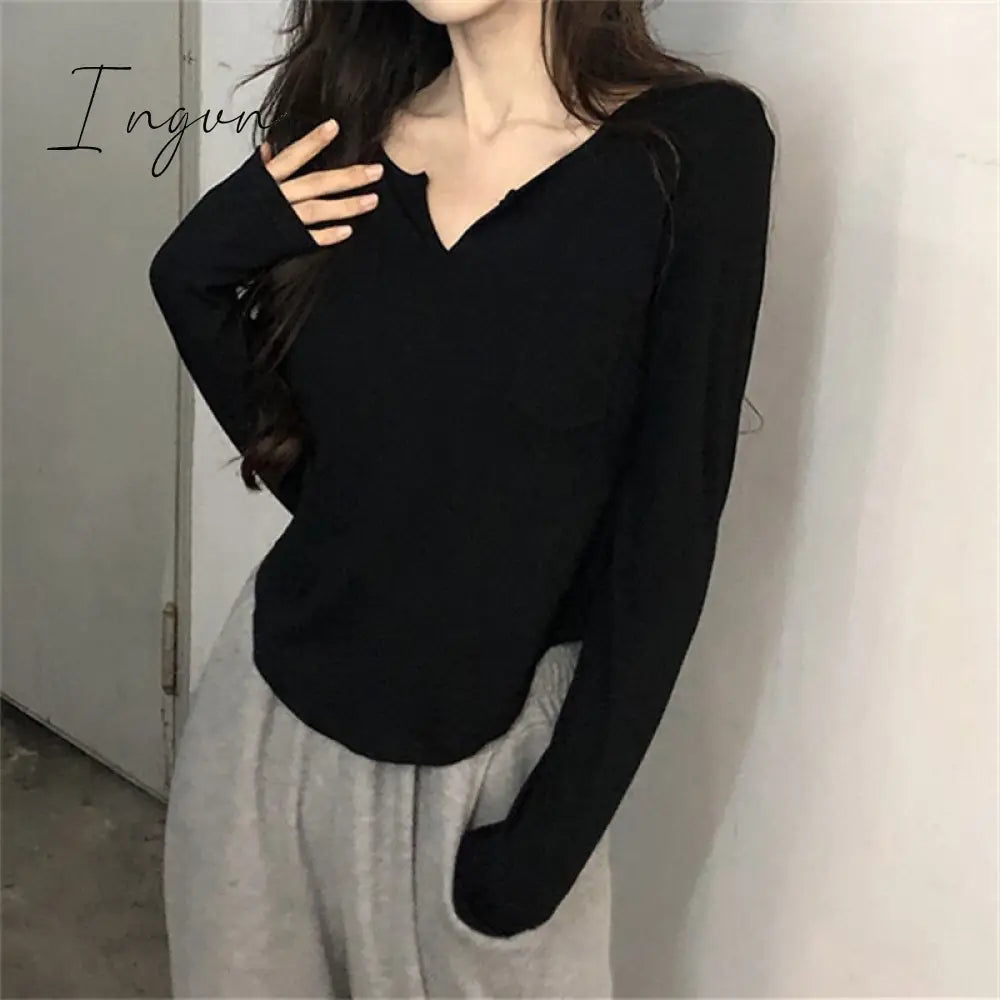 Ingvn - White T Shirt for Women 2023 New Long Sleeve Turn Down Collar Slim Tee Shirts Korean Fashion Office Ladies Casual Top