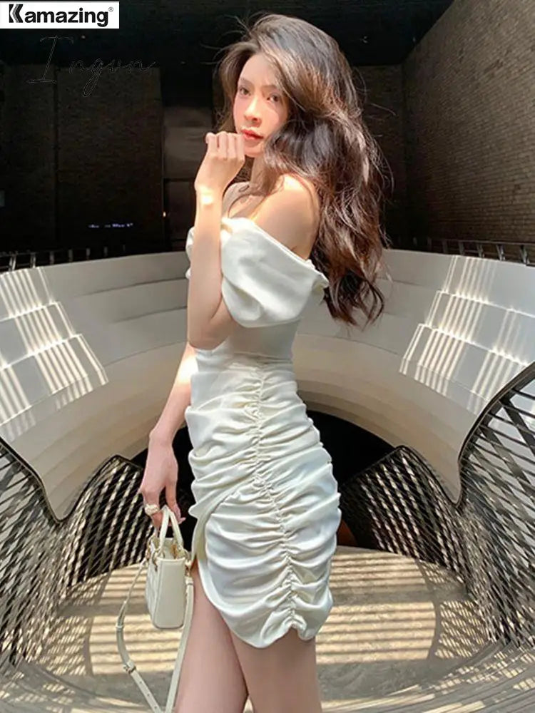 Ingvn - Summer Robe New Women Elegant Off Should Midi Prom Dress Female Fashion Vestdios Ladies Evening Party Clothes
