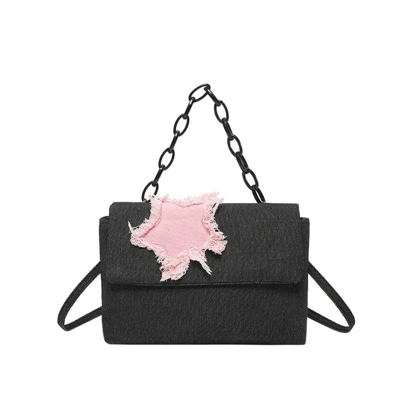 Ingvn  Sweet Pink Star Women's Denim Shoulder Bag Chain Handle Ladies Clutch Crossbody Bags Simple Hot Girls Square Tote Purse Handbags