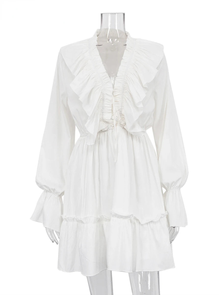 Ingvn  Sexy Loose White Dress Ladies Fashion V-Neck Long Sleeve Mini Dress Chic Elegant Ruffle High Waist Dresses For Women