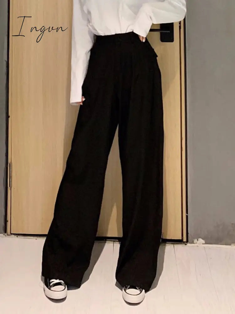 Ingvn - women Retro Solid Color Wild Straight Wide Leg Pants Female Spring New Korean Fashion High Waist Casual Long Pants