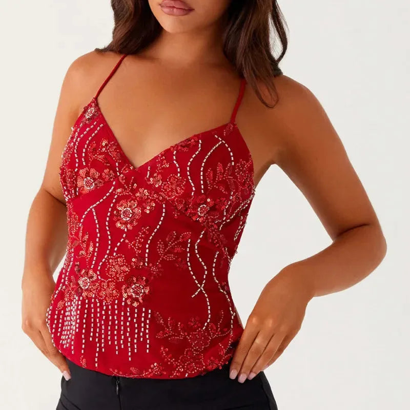 Sexy Sequin Rhinestone Crop Tops Women Y2k Fairy Coquette Camis Pearl Glitter V Neck Backless Tank Shirt Vest Beach