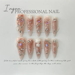 10Pcs Handmade Nails Set Press on Long Almond False Nail with Rhinestone Pink Camellia Design Reusable Full Cover Fake Nail Tips