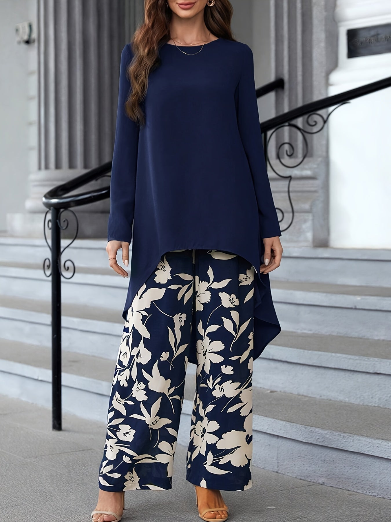 Long Sleeve Crew Neck Vacation Style Elegant Pantsuits, Wide Leg Pants & Dipped Hem Top Outfits, Women's Clothing