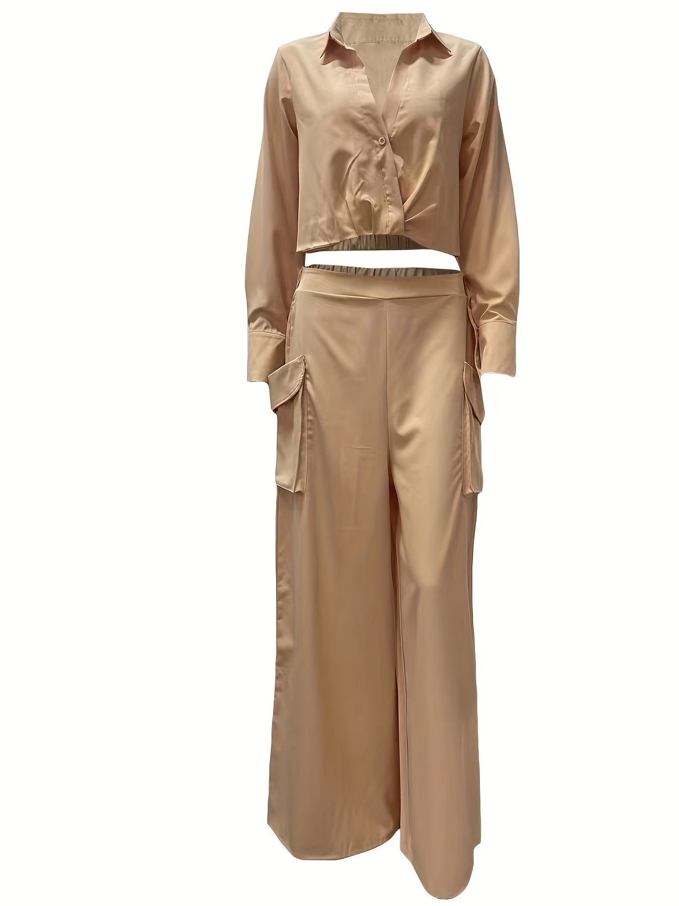 Two-piece Set, Long Sleeve Casual Matching Women's Clothing, Wide Leg Pants Outfits Blouse