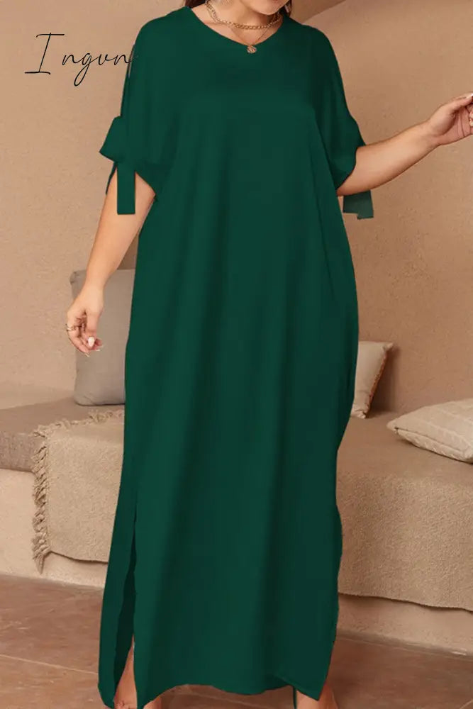 Ingvn - Casual Solid Frenulum Slit O Neck Long Dress Plus Size Dresses