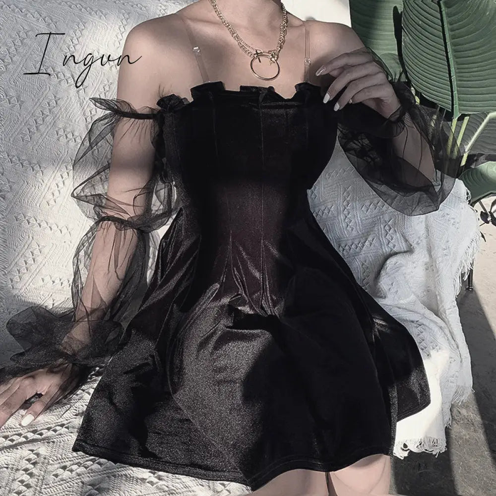 Ingvn - Gothic Sexy Dress Vintage Off Shoulder Lantern Sleeve Mesh Patchwork Velvet Mini Dress Dark Street Black Dress for Female