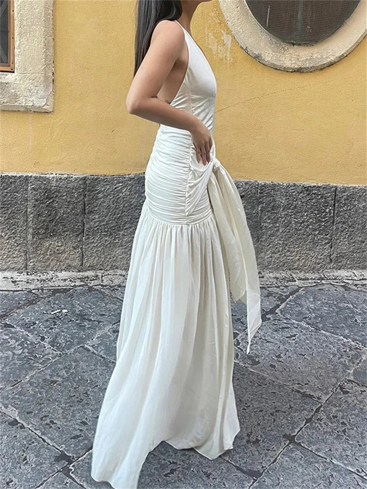 V-Neck Backless Lace-Up Long Dress Women's Ruffled Patchwork Sexy Bandage High Waist Solid Dress Ladies Autumn Maxi Dress