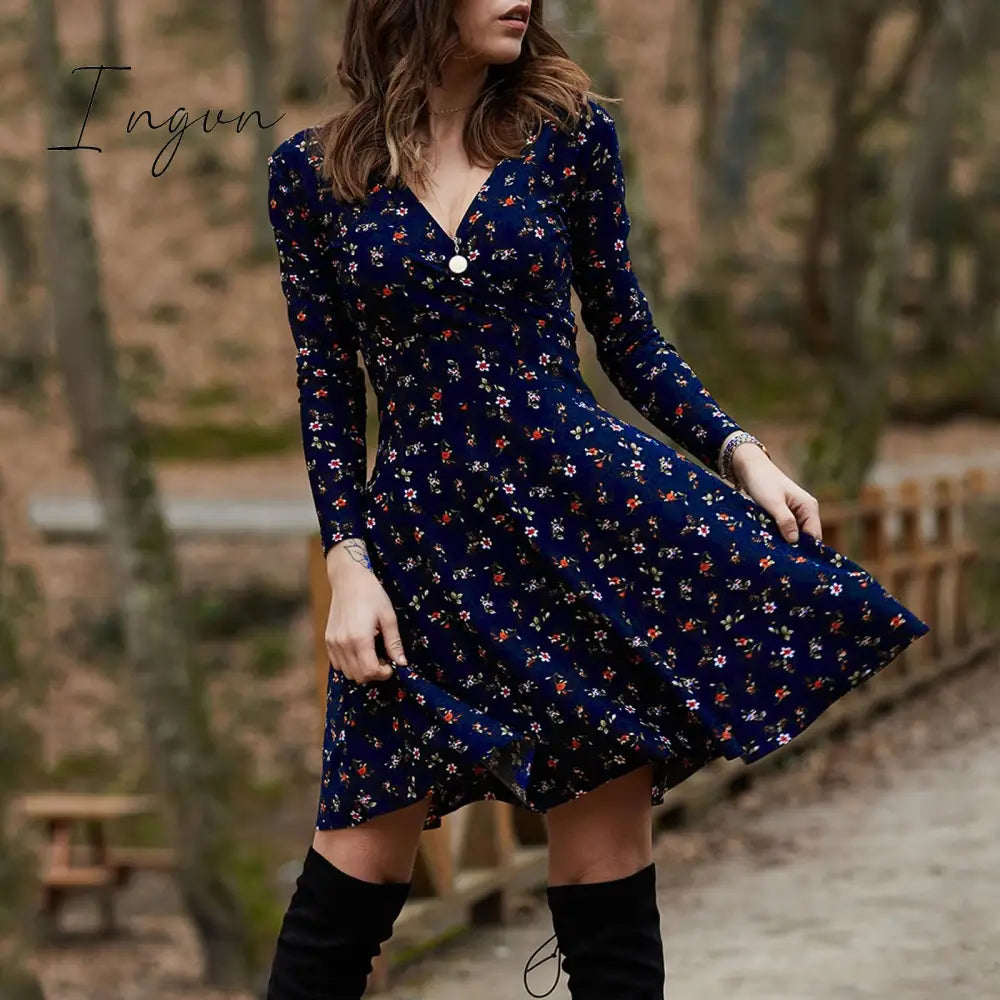 Ingvn - Spring Summer Long Sleeve V Neck Flowers Print Boho Dress Women Elegant Vintage Floral Printed Casual  Green A-line Swing Dress