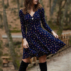 Ingvn - Spring Summer Long Sleeve V Neck Flowers Print Boho Dress Women Elegant Vintage Floral Printed Casual  Green A-line Swing Dress