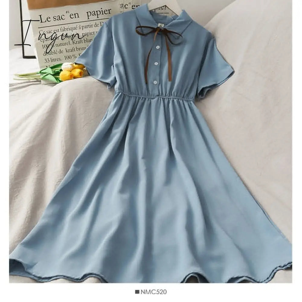 Ingvn - Dress Women Chiffon Bow Solid High Waist Turn-down Collar Preppy Style Kawaii Ulzzang Popular Temperament Girls Summer Holiday