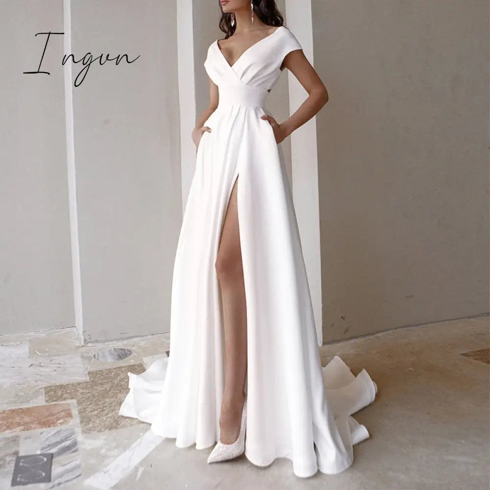 Ingvn - High Quality Elegant Casual Women's Dresses Sexy V-neck Side Slit Backless White Long Skirt Wedding Banquet Bridesmaid Dress Evening Gown