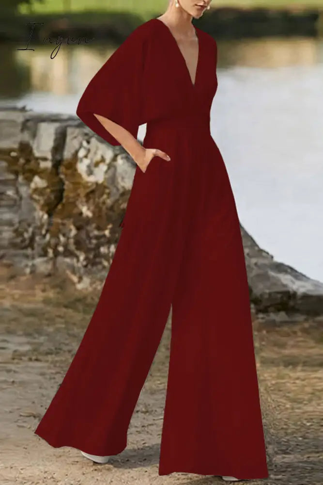 Ingvn - Elegant Solid Color V Neck Boot Cut Jumpsuits(7 Colors)