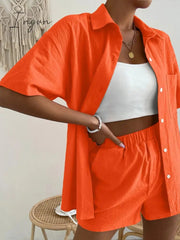 Ingvn - Long Sleeve Single-breasted Top + Broad-legged Shorts Set Fashion Ladies Sexy Solid Suits Summer 2 Piece Outfits For Women