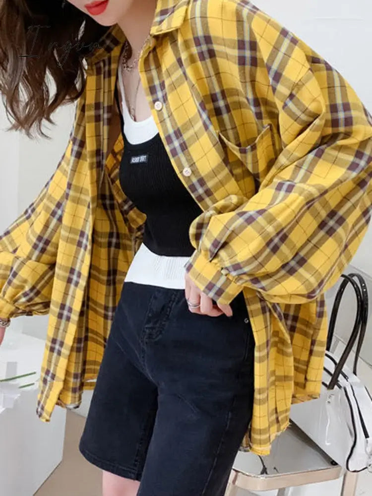 Ingvn - Fashion Plaid Women Shirt Fashion Korean Oversize Tops Harajuku Daily All-match Long Sleeve Chic Female Yellow Shirts New