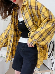 Ingvn - Fashion Plaid Women Shirt Fashion Korean Oversize Tops Harajuku Daily All-match Long Sleeve Chic Female Yellow Shirts New