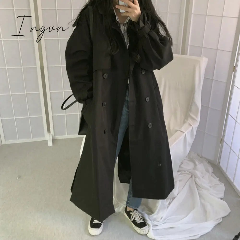 Ingvn - Chic Women Trench Coat Casual Women's Long Outerwear Loose Overcoat Autumn Winter Fashion Double-breasted Windbreaker Femme