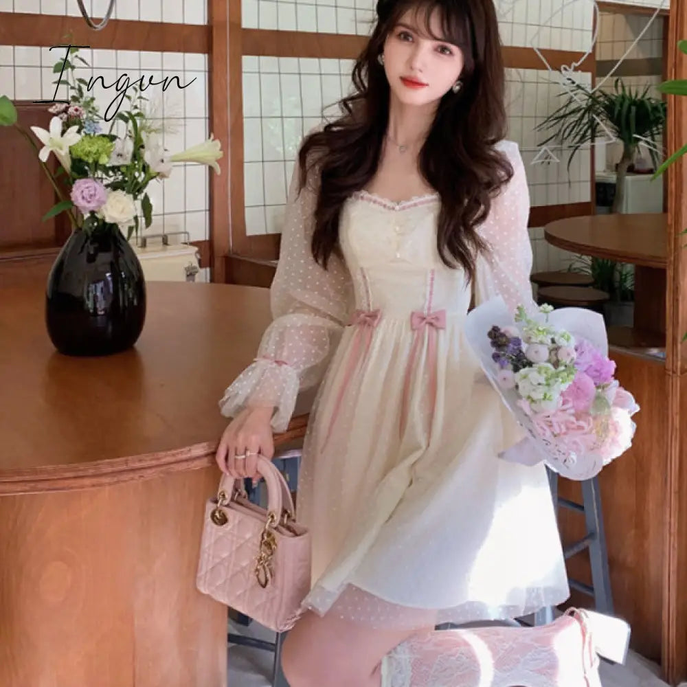 Ingvn - Spring Autumn Elegant Princess Dress Women Sweet Dot Party Long Sleeve Fairy Dress Female Casual Vintage Korean Kawaii Mini Dress