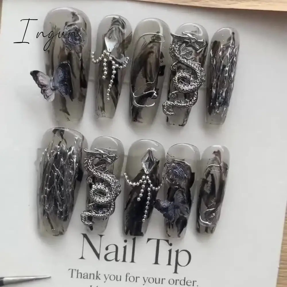 Punk Dragon Charms Press on Nail Artificial Long False Nails XS Black Dragons Goth Presson Tips Butterfly Fake Nail y2k Pressons