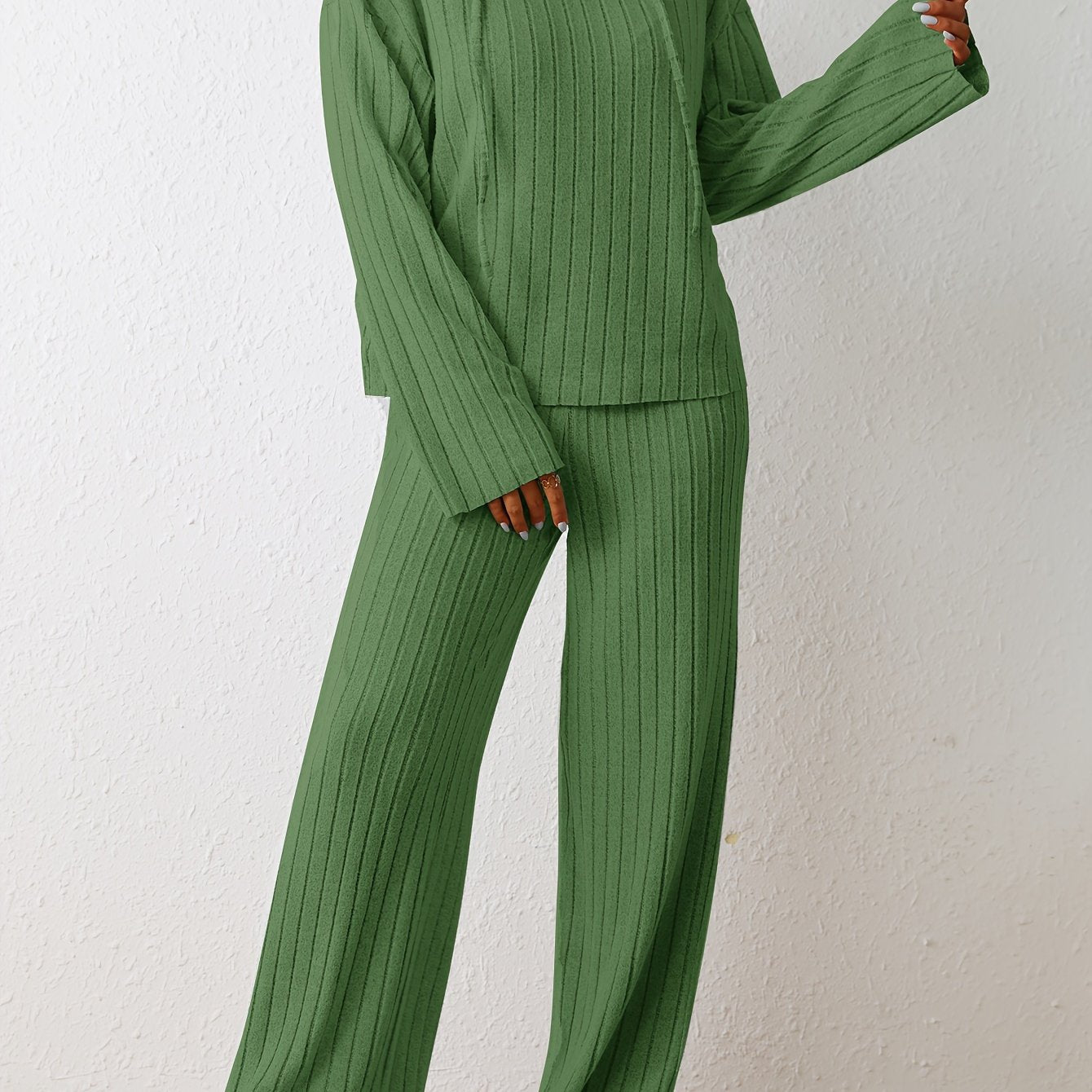 Cozy Womens Two-piece Knit Set - Soft Hoodie with Drawstring & Wide Leg Pants - Effortless Chic Casual Outfit - Comfortable Solid Color Clothing