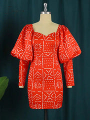Ingvn - Fashion Trends Women Dress Sexy Party Printed Long Lantern Sleeves Vintage Retro Large Size Mini African Female Event Celebrate Gown Robes