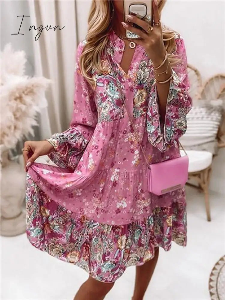 Ingvn - Spring summer v-neck floral short-sleeved dress