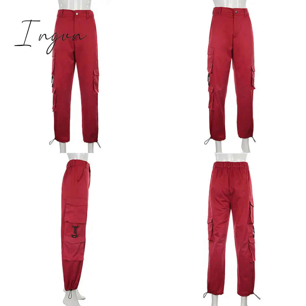 Ingvn - Button Pockets Patchwork Cargo Pants Women Streetwear High Waist Trousers Women Fashion Pencil Pants Joggers Women