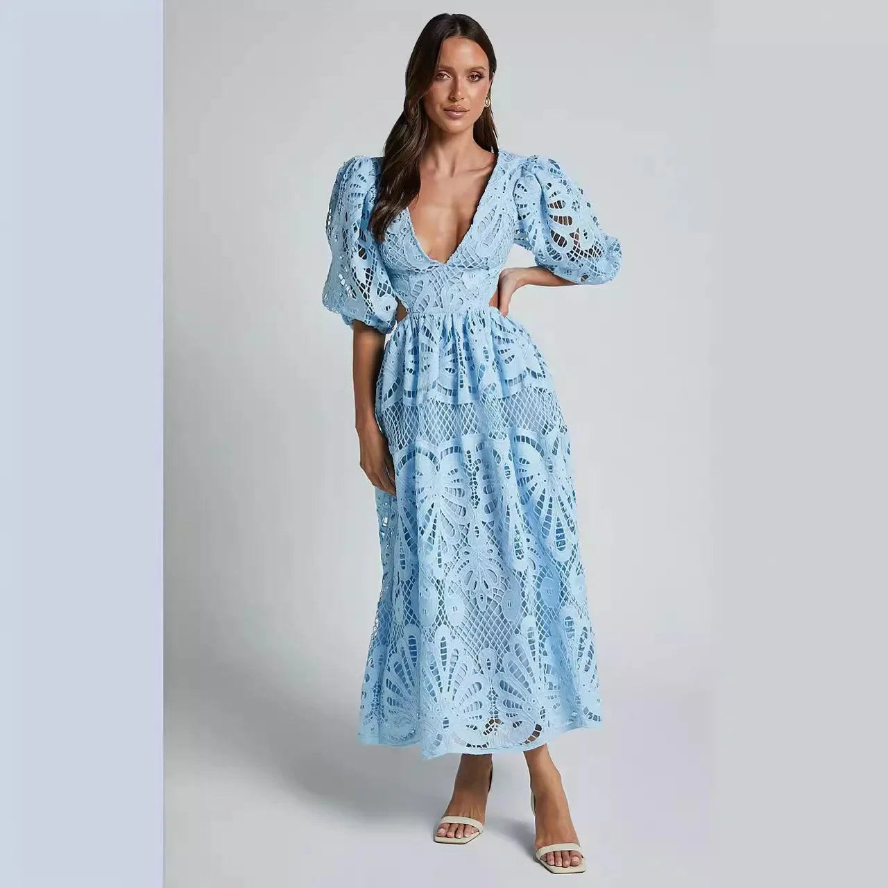 Sexy Hollow Out Long Dress Summer New Arrival V-neck Lace Embroidery Women's Clothing