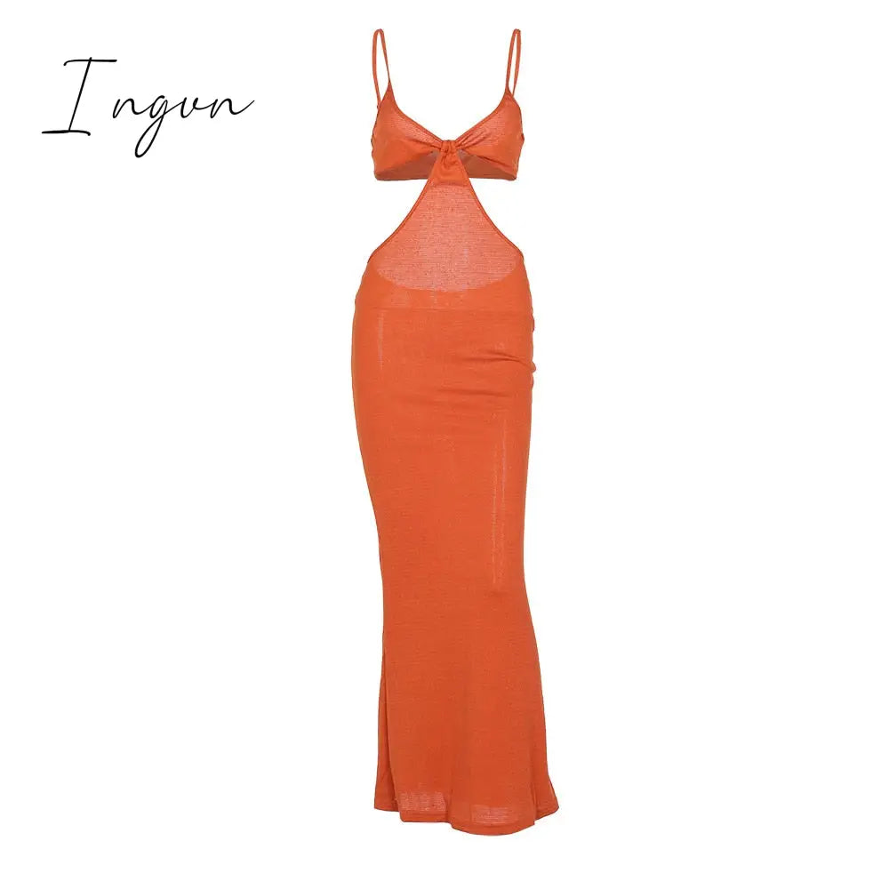Ingvn - Spaghetti Strap Sexy Backless Maxi Dresses See Through Sexy Women Dresses Party Club Elegant Hollow Dress Sundress