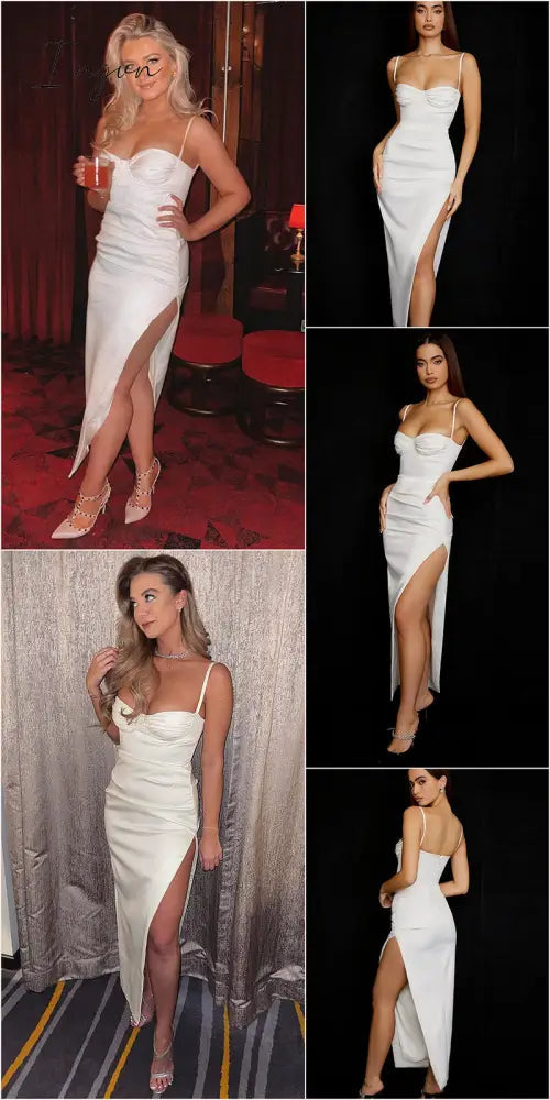 Ingvn - High Side Split Satin Dresses Women Spring Sexy Sleeveless Backless Party Outfit Solid Bodycon Black Evening Dress
