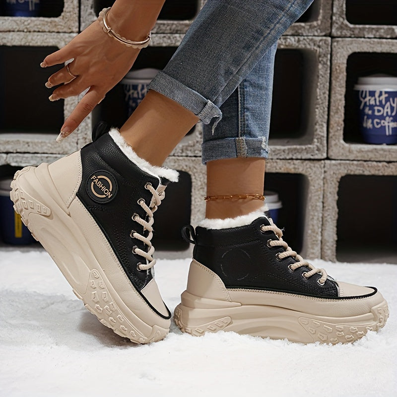 Cozy & Stylish Women's High-Top Sneakers - Plush Lined, Thick Sole, Warm Winter Booties with Lace-Up Closure