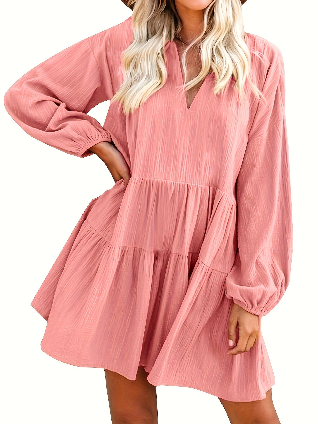 Long Sleeve Solid Color V Neck Loose Babydoll Dress, Casual Ruffle Hem For Spring & Fall, Women's Clothing