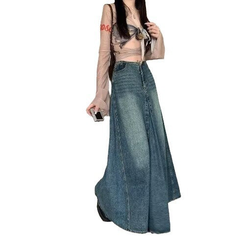 Spring and Summer New Sweet Cool Retro Old Denim Skirt Women's High Waist A- line Large Skirt Long Skirt Hip Skirt