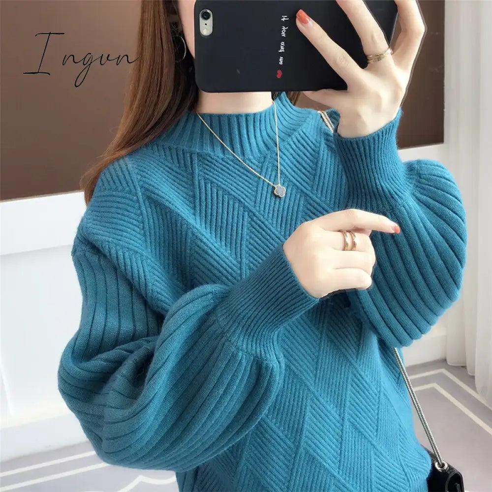 Ingvn - Gifts For Women Half-neck sweater women autumn winter new knitted sweater loose round sweater mujer solid color bat sweater Jumper