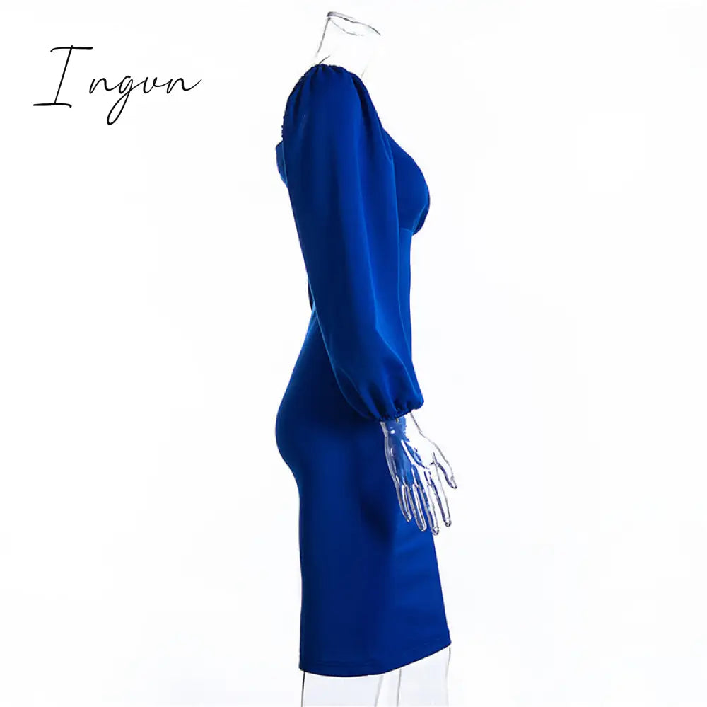 Ingvn - Midi Night Dress Women Long Puff Sleeve A-LINE Ruffled Backless Bodycon Sexy Dress Autumn Winter Elegant Office Lady Prom