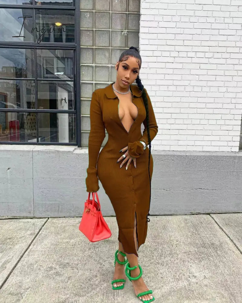 Ingvn - Womens Fashion Long Sleeve Knitted Button Midi Dress Turn Down Collar Slim Sexy Dresses Autumn Ribbed Robe Women Clothing Vestidos