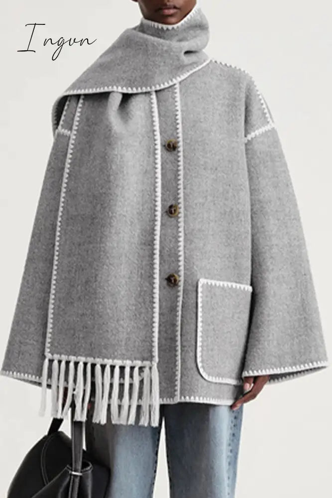 Ingvn - Casual British Style Solid Tassel Contrast Scarf Collar Outerwear